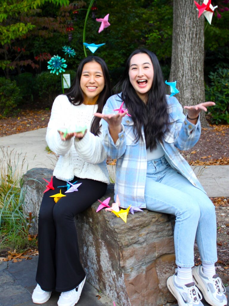 Severna Park High School juniors Hannah Kim, left, and Kateri Jarvis, toss some of the origami cranes created by members of their school’s chapter of the Wishing Crane Project into the air.